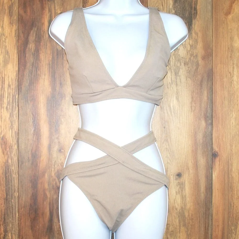 Tan Split Bikini Swimsuit Bathing Suit L